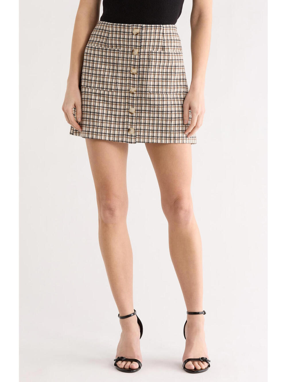 NWT! French Connection Check Plaid Patch Pocket Miniskirt in Pink/Camel Size Med
